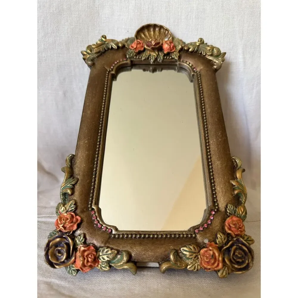 Vintage Mirror By Michal Negrin ? Flowers Unique sea shell crystal desk top READ